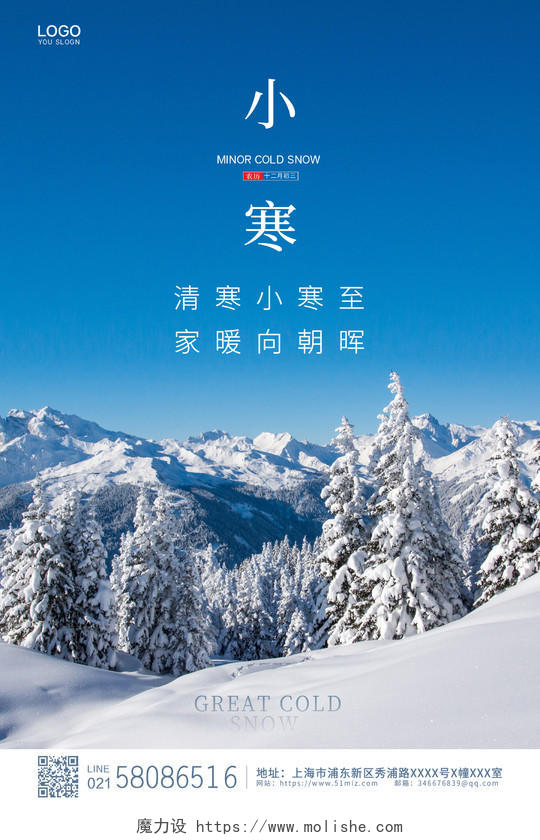 蓝色简约实拍雪景中国传统节气小寒海报